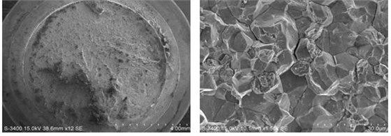 斷面宏觀形貌，裂紋源處斷口微觀形貌
