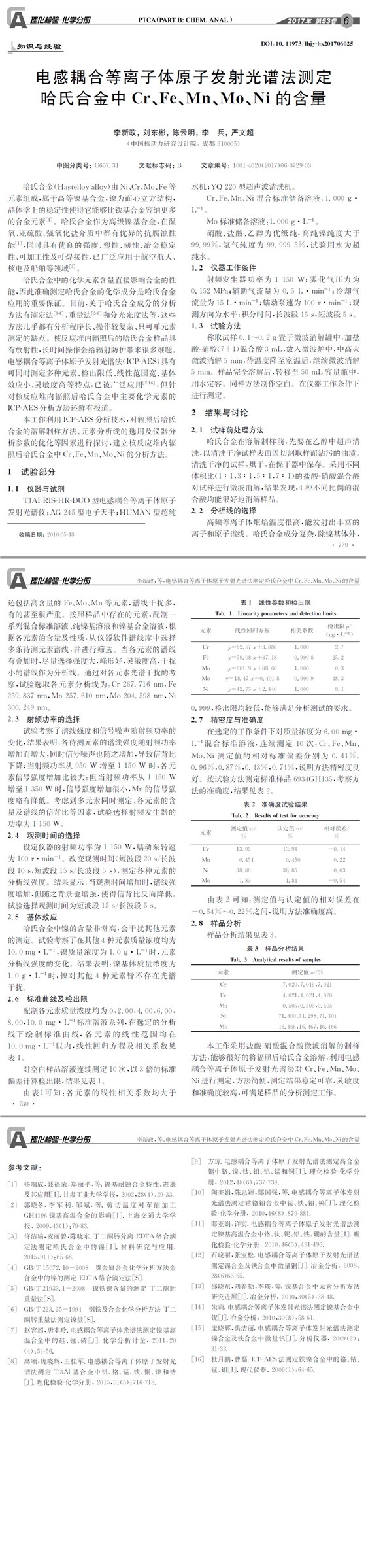 電感耦合等離子體原子發(fā)射光譜法測(cè)定哈氏合金中Cr、Fe、Mn、Mo、Ni的含量