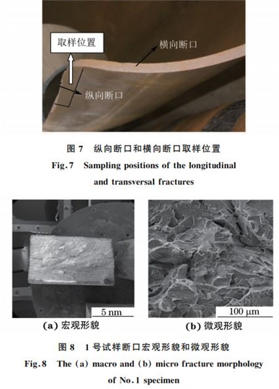 圖８ １號(hào)試樣斷口宏觀形貌和微觀形貌