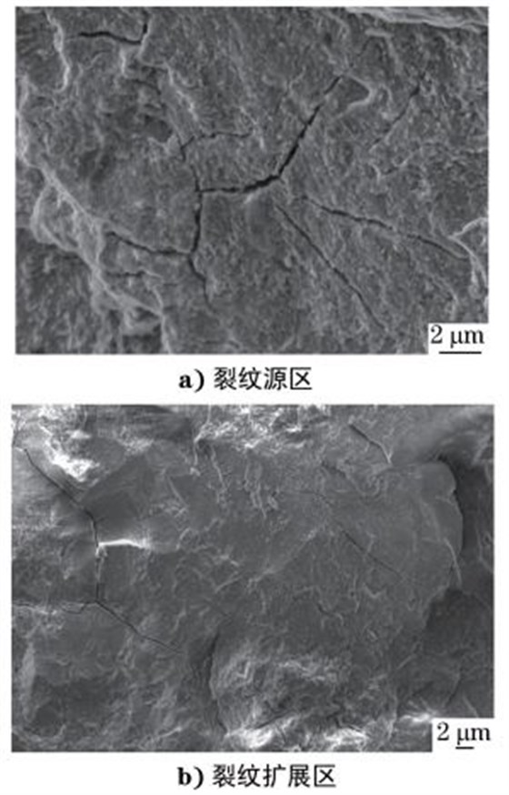 圖３ 裂紋源區(qū)及擴(kuò)展區(qū)的沿晶二次裂紋形貌