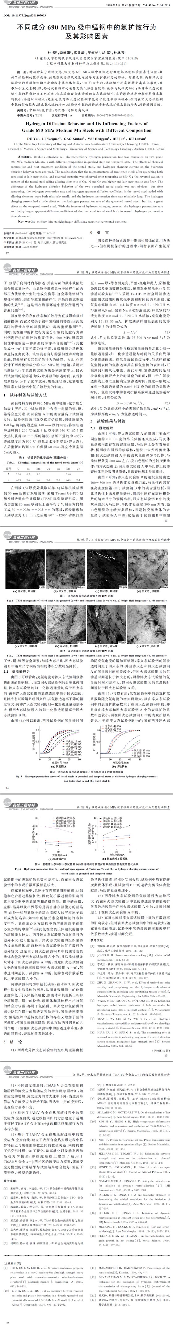 不同成分６９０MPa級中錳鋼中的氫擴(kuò)散行為