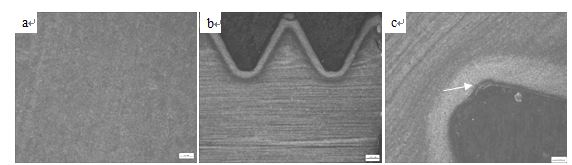 a.回火索氏體組織 b.螺紋滲碳層 c.螺紋根部裂紋