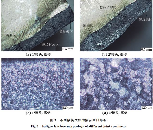 圖３ 不同接頭試樣的疲勞斷口形貌