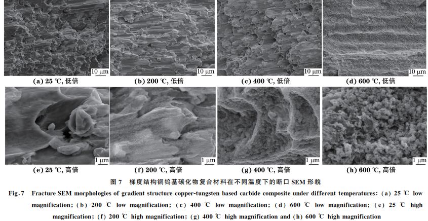 圖７ 梯度結(jié)構(gòu)銅鎢基碳化物復合材料在不同溫度下的斷口SEM 形貌