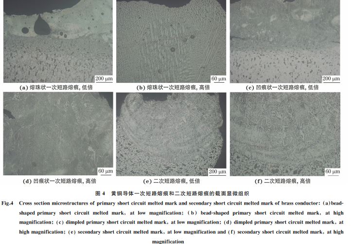 圖4 黃銅導(dǎo)體一次短路熔痕和二次短路熔痕的截面顯微組織